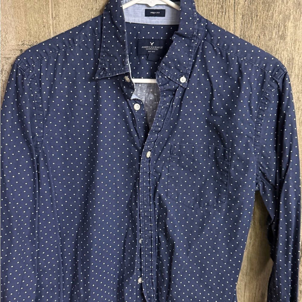 American Eagle Outfitters Dark Blue Polka Dot Shirt